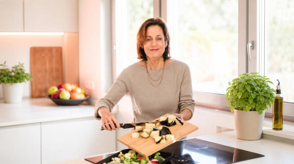 Deb chopping aubergine into a tray of fresh vegetables in a bright kitchen